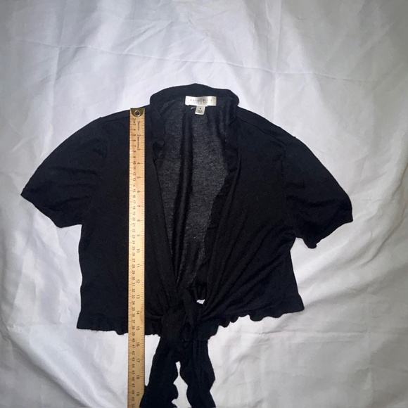 White House Black Market Tie Front Shrug Cardigan Short Sleeves Cropped Black M - Picture 6 of 7